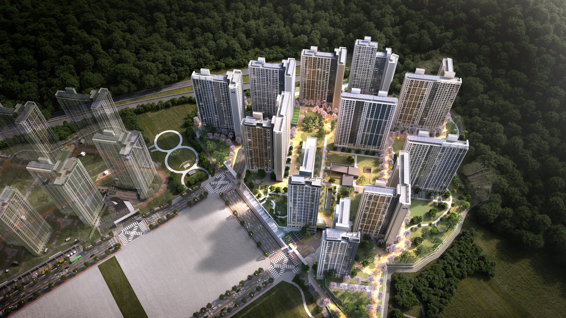 북오산자이 드포레 조감도 — 숲에 둘러싸인 1,517세대 단지 전경