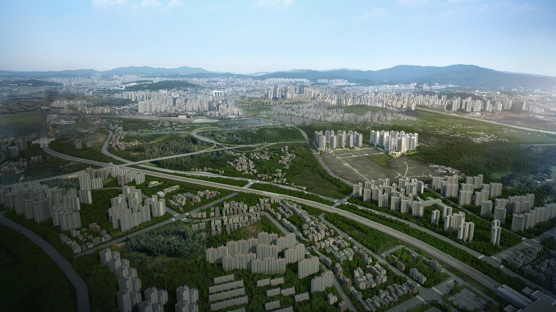 북오산자이 드포레 광역 조감도 — 동탄과 세교 사이, 북오산IC 방면 전경